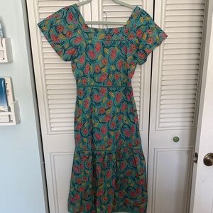 Floral Square-Neck Midi Dress in Teal with Pink & Yellow Flowers